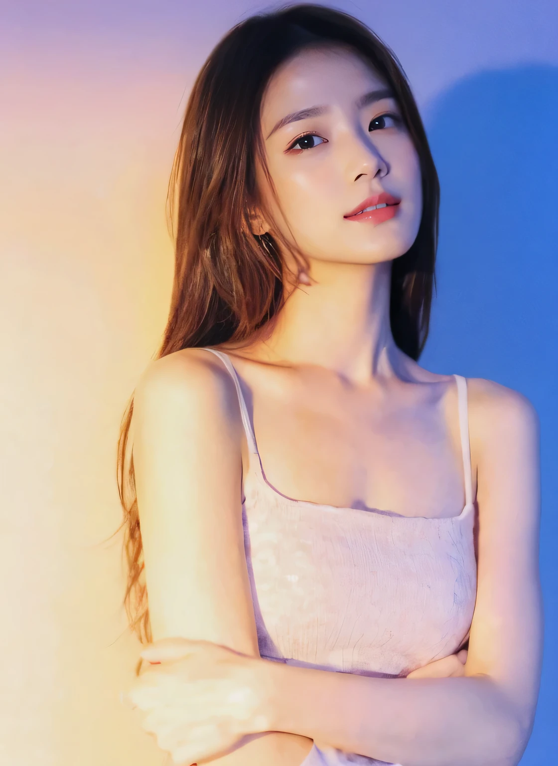 (on the table, best quality, Realistically, Ultra Detailed, meticulous, high resolution, 8k wallpaper), Close-up portrait of a beautiful woman, like, Smile, Light brown messy hair, Perfect dynamic composition, beautiful meticulous eyes, Just like the cover of a fashion magazine, On Campus