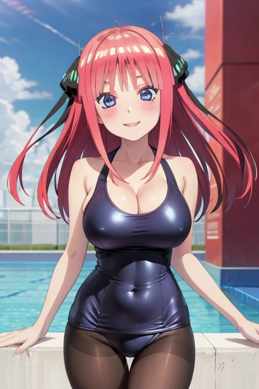 best quality, ultra-detailed masterpiece, anime art style, cute characters, nino nakano, one-piece swimsuit, large breasts, pantyhose, blush, smile