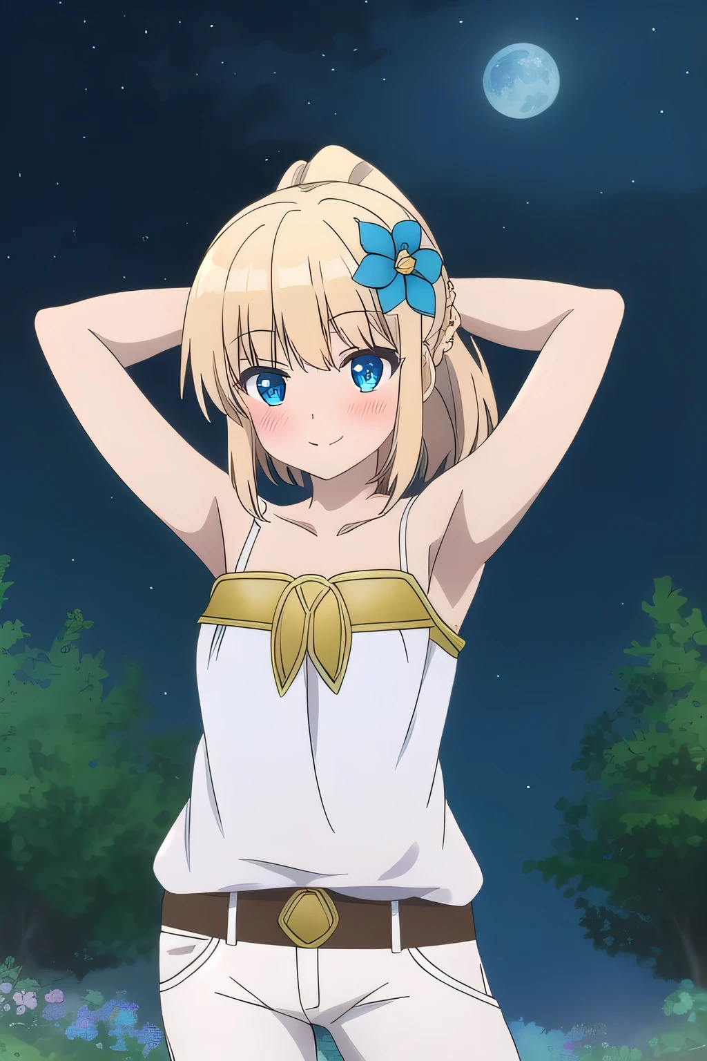 sora, anime art style, 1girl, solo, blush, bangs, blue_eyes, blonde_hair, hair_ornament, bare_shoulders, collarbone, shy, ponytail, braid, flower, blushing, hair_flower, off_shoulder, white_pants, blue_flower, solo, night sky, forest, arms behind head, looking at viewer, contrapposto, spread armpits, closed mouth, smile, (cowboy shot:1.5)