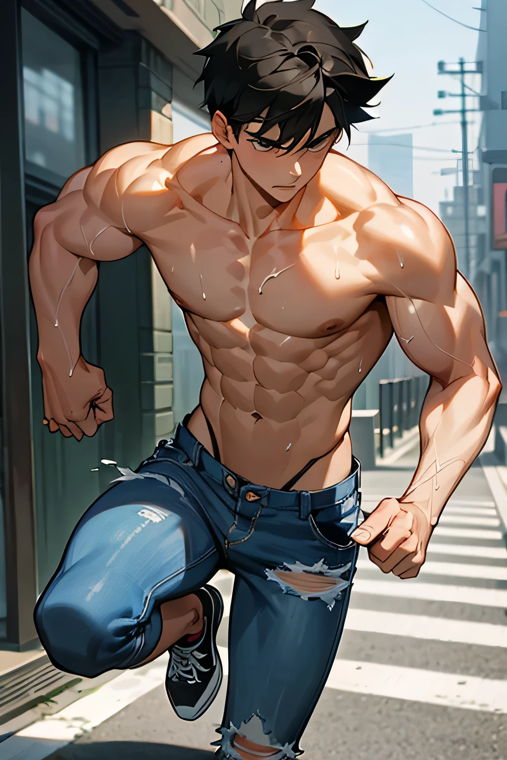 shirtless, super muscular, dripping with sweat, 22-year old short black hair handsome caucasian male wearing tattered short jeans and sneakers, morning run, shirtless in the street