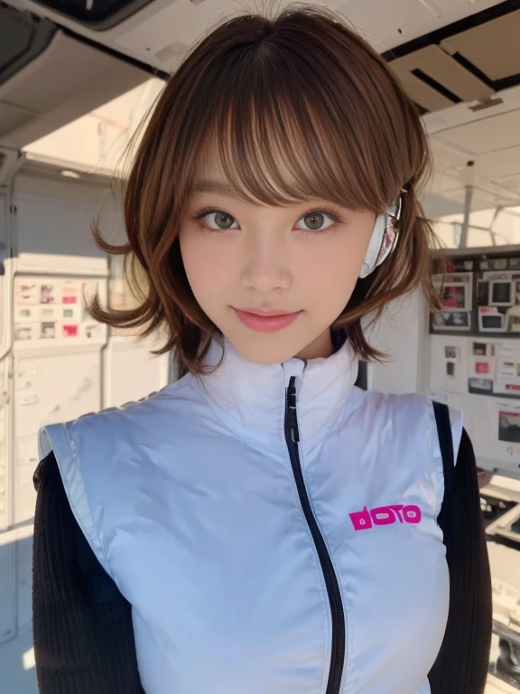 (in S.debt.in.), (1 girl:1.3), break, Half Body Shot, Japanese, 17 year old supermodel, high school girl, (debtrom the side), (highest quality:1.4), 32k resolution, (Realistic:1.5), (超Realistic:1.5), High resolution 32k UHD, (masterpiece:1.2)), (Improvement of quality:1.4), (Very beautiful facial details), (highest qualityのリアルな質感の肌:1.4), (Perfect Anatomy:1.2), (Are standing:1.37), break, , ((astro vest:1.5)), ((headphone:1.15)), break, Do not emphasize the top of the bust, ((ピンク色に輝く教室in:1.15)), Accurate debtingers, Very detailed, Symmetrical eyes, ((View audience)),Natural Makeup, ((A good eye for quality:1.2)), (tired, Sleepy and satisfied:0.0), (Beautiful Lips:1.33), (Great nose:1.2), ((Physically Based Rendering of the Background:1.37)), thin:1.2, debtlat Chest, (thin lower body), brown hair, (Shaggy hair:1.37), Anxious face, Gentle light illuminates the face and body, Professional Cinema Lighting,(black sleeves):2,(Black long sleeve):2,(astro vest):2,smile,Inside the spaceship