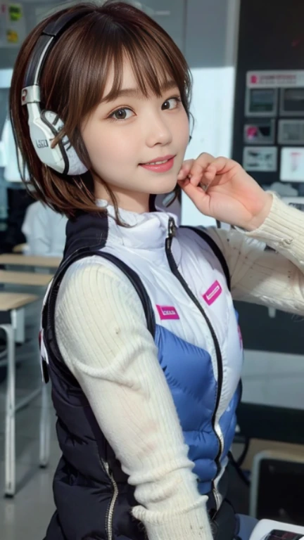 (NSFW), (1 girl: 1.3),
BREAK, Half body shot, Japanese, 17 year old supermodel, High school girl, (from the side), (Best quality: 1.4), 32K resolution, (Realistic: 1.5), (Surrealistic: 1.5), High resolution 32k UHD, (Masterpiece: 1.2)), (Improved quality: 1.4), (Very beautiful facial details), (Top quality realistic textured skin: 1.4), (Perfect anatomy: 1.2), Yes:1.37),
BREAK
((astrovest:1.5)), ((headphone:1.15)),
BREAK
(black sleeves):2,(black long sleeves):2,(astrovest):2,
BREAK
(look at viewer):1.2,De-emphasizes the bust top, ((In a futuristic white classroom: 1.15)), inside spacecraft, precise fingers, very detailed, symmetrical eyes, ((looks at viewer)), natural makeup, ( (Good eye for quality: 1.2)), (Tired, sleepy and satisfied: 0.0), (Beautiful lips: 1.33), (Great nose: 1.2), ((Physically-based rendering of background: 1.37)), Thin: 1.2, flat chest, (slender lower body), brown hair, (shaggy hair:1.37), anxious face, gentle light illuminates face and body, professional film lighting,smile,