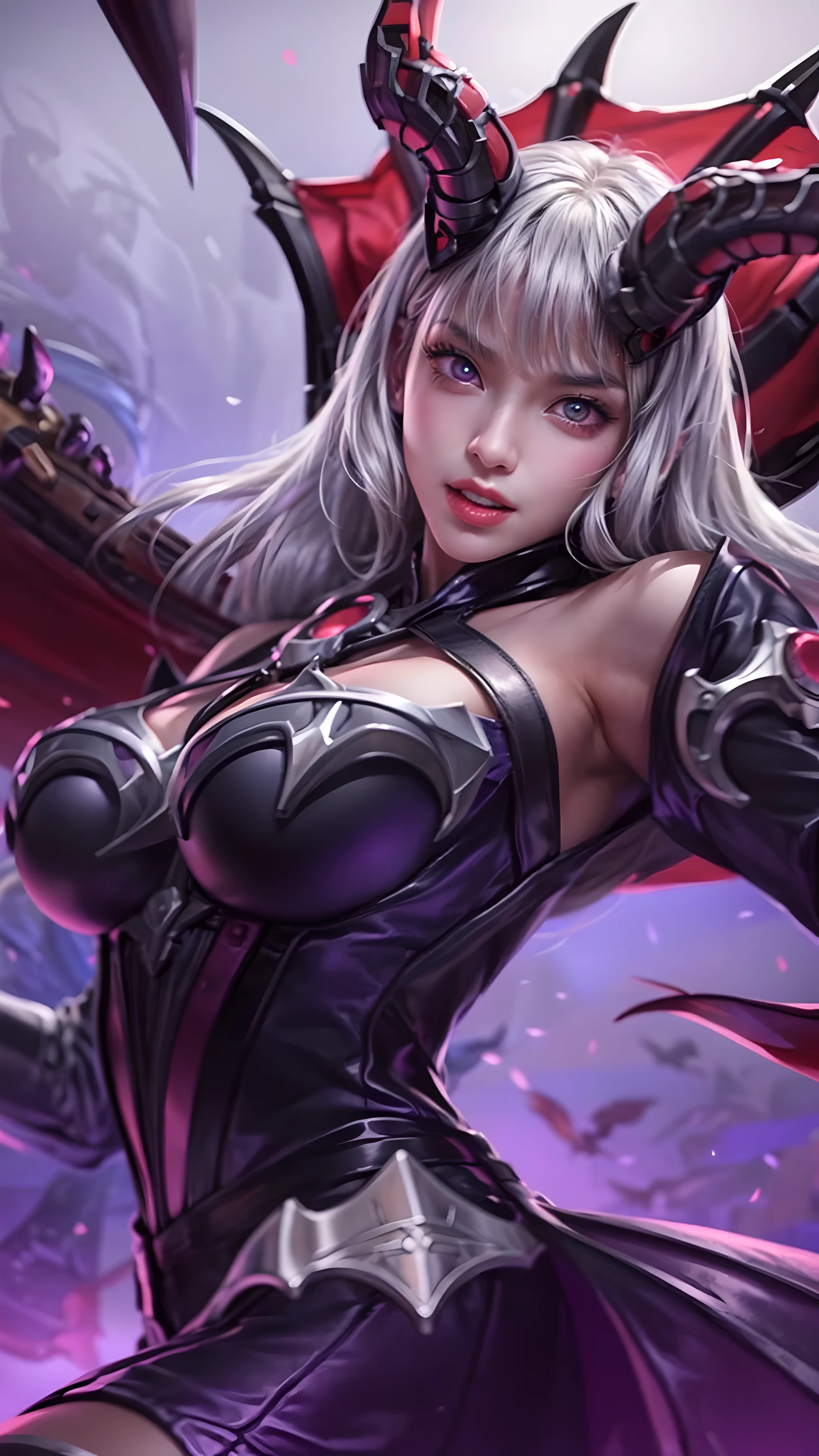 8k, Best quality, masterpiece, ultra high res, (photorealistic:1.4), 1girl, 18 years old, (glowing purple eyes:1.2), (white hair:1.2), fine breast, no bra, sun rays, natural light, sharp focus, ((vibrant colors)), 16k resolution.