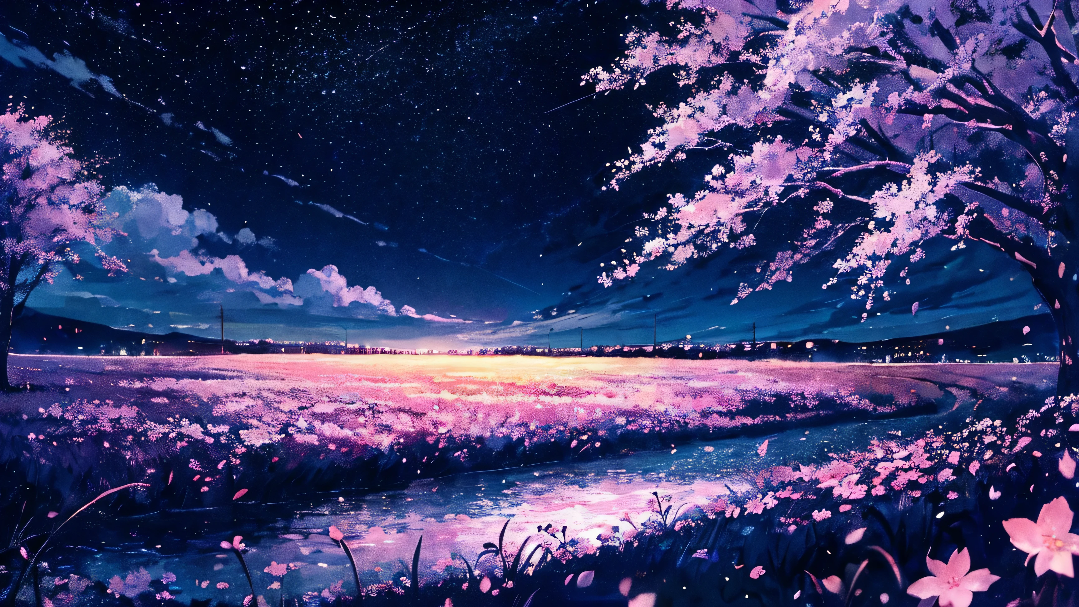 cherry blossoms,grassland,night,milky way,landscape