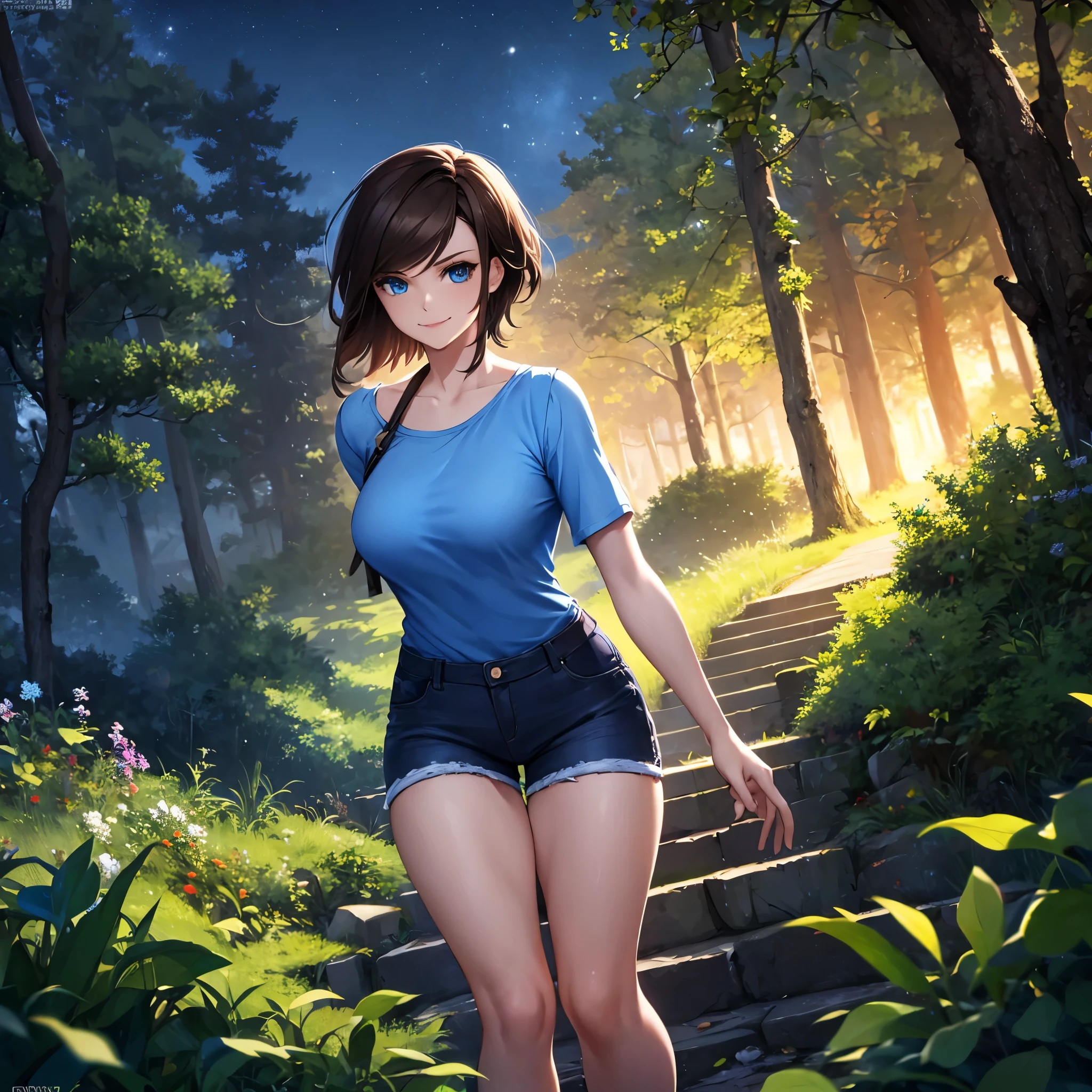 a woman, wearing a blue shirt, black denim shorts, short brown hair, blue eyes, smiling. in a park at night overlooking a forest, a lit place,.HDR, ultra resolution, well defined, masterpiece, 8K HD. (solo woman)
