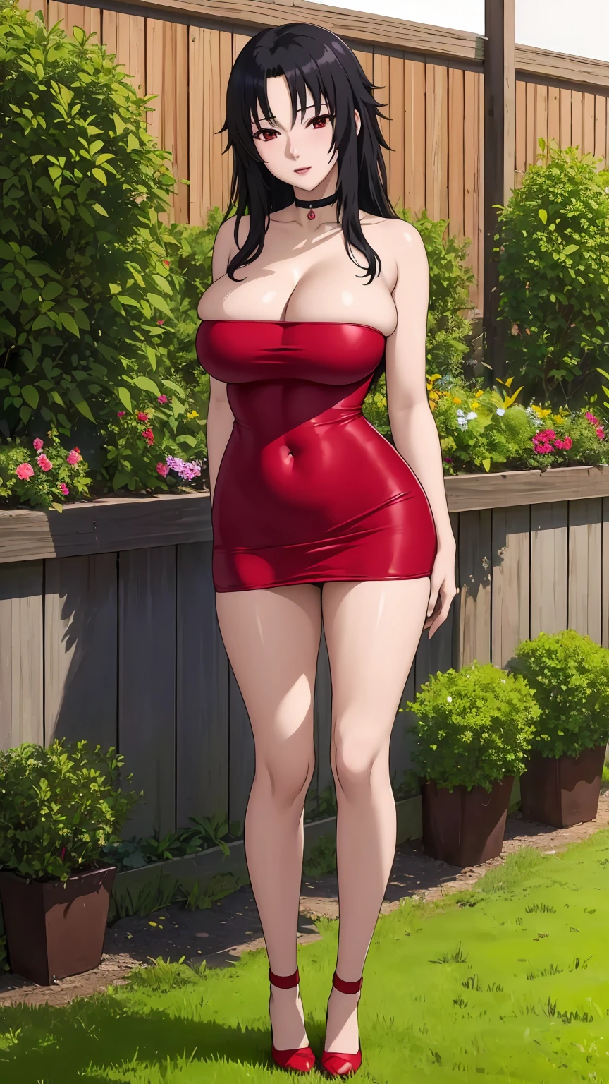 masterpiece, ultra high-quality, extremely detail 8k cg, high resolution, 1girl, kurenai yuhi, black hair, red eyes, thin body, huge breasts, bursting breasts, strapless shorttubedress, choker, beautiful face, outdoors, garden, full shot photo, full body