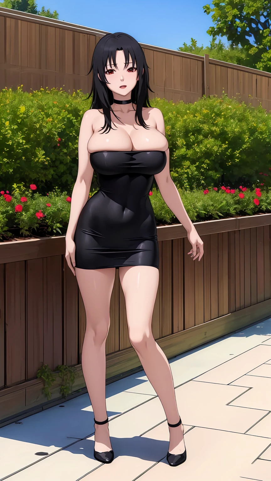 masterpiece, ultra high-quality, extremely detail 8k cg, high resolution, 1girl, kurenai yuhi, black hair, red eyes, thin body, huge breasts, bursting breasts, strapless shorttubedress, choker, beautiful face, outdoors, garden, full shot photo, full body