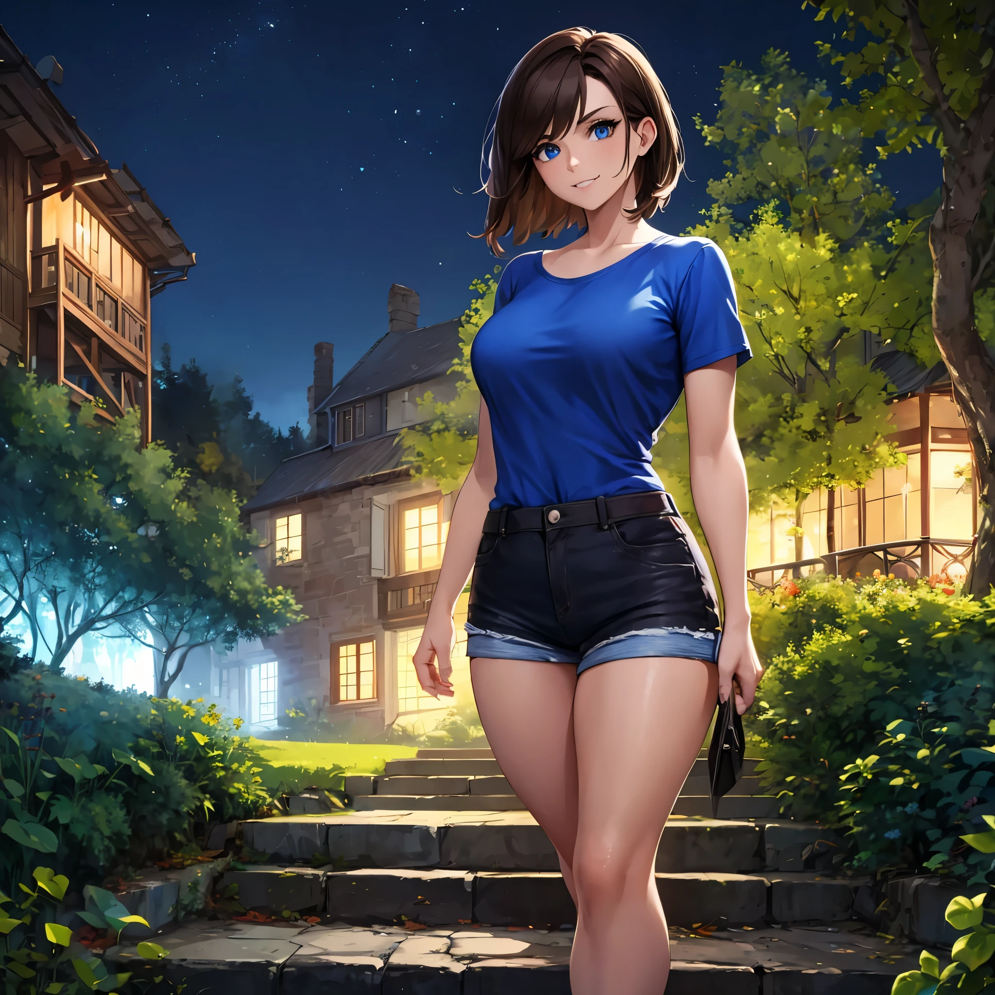 a woman, wearing a blue shirt, black denim shorts, short brown hair, blue eyes, smiling. in a park at night overlooking a forest, a lit place,.HDR, ultra resolution, well defined, masterpiece, 8K HD. (solo woman)
