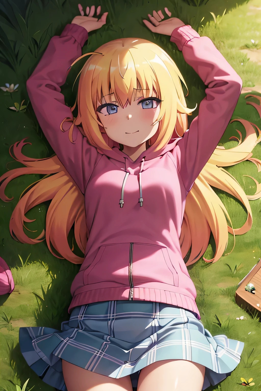 (extremely detailed CG unity 8k wallpaper), (masterpiece), (best quality), (ultra-detailed), (best illustration), (best shadow), (absurdres), 1girl, solo, gabriel white tenma, messy hair, ahoge, , red bow, plaid skirt, pink hoodie, closed mouth, spread arms, arms up, on back, on grass, looking at viewer, solo, center, smile, blushing, expressionless,  (cowboy shot:1.5)