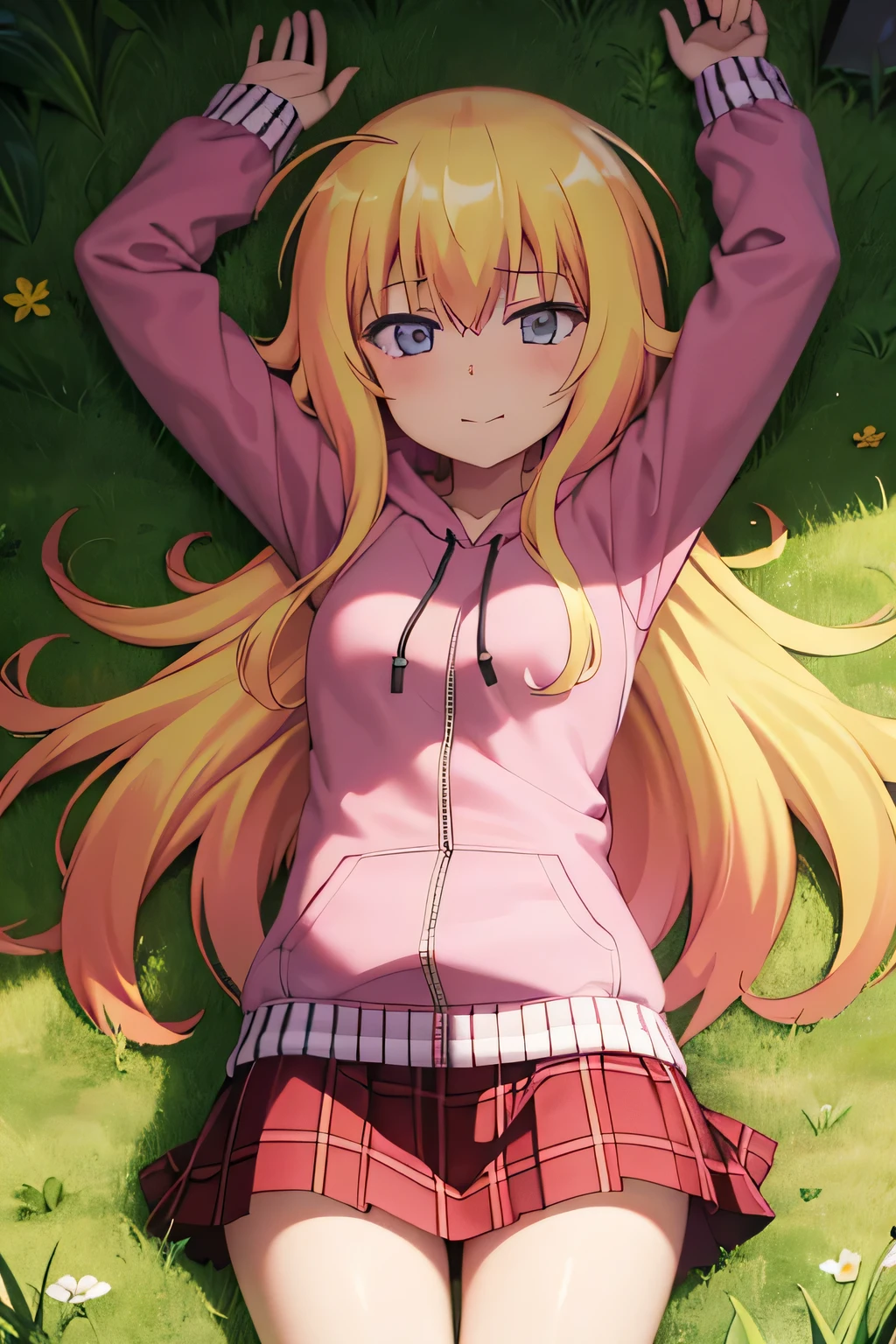 (extremely detailed CG unity 8k wallpaper), (masterpiece), (best quality), (ultra-detailed), (best illustration), (best shadow), (absurdres), 1girl, solo, gabriel white tenma, messy hair, ahoge, , red bow, plaid skirt, pink hoodie, closed mouth, spread arms, arms up, on back, on grass, looking at viewer, solo, center, smile, blushing, expressionless,  (cowboy shot:1.5)