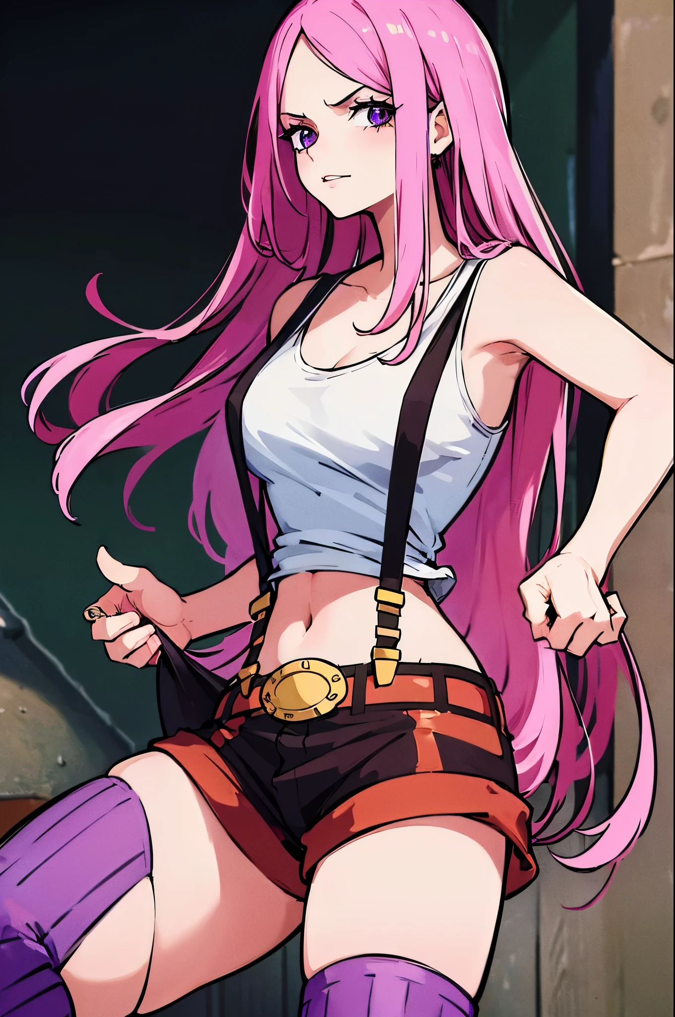 (masterpiece, best quality:1.2), expressive eyes, perfect face, highres, 1girl, solo, JewelryBonneyV2, lipstick, purple eyes, pink hair, long hair, white tank top, suspenders, thighhighs, striped shorts, brown boots, straight hair, standing, portrait, looking at the viewer