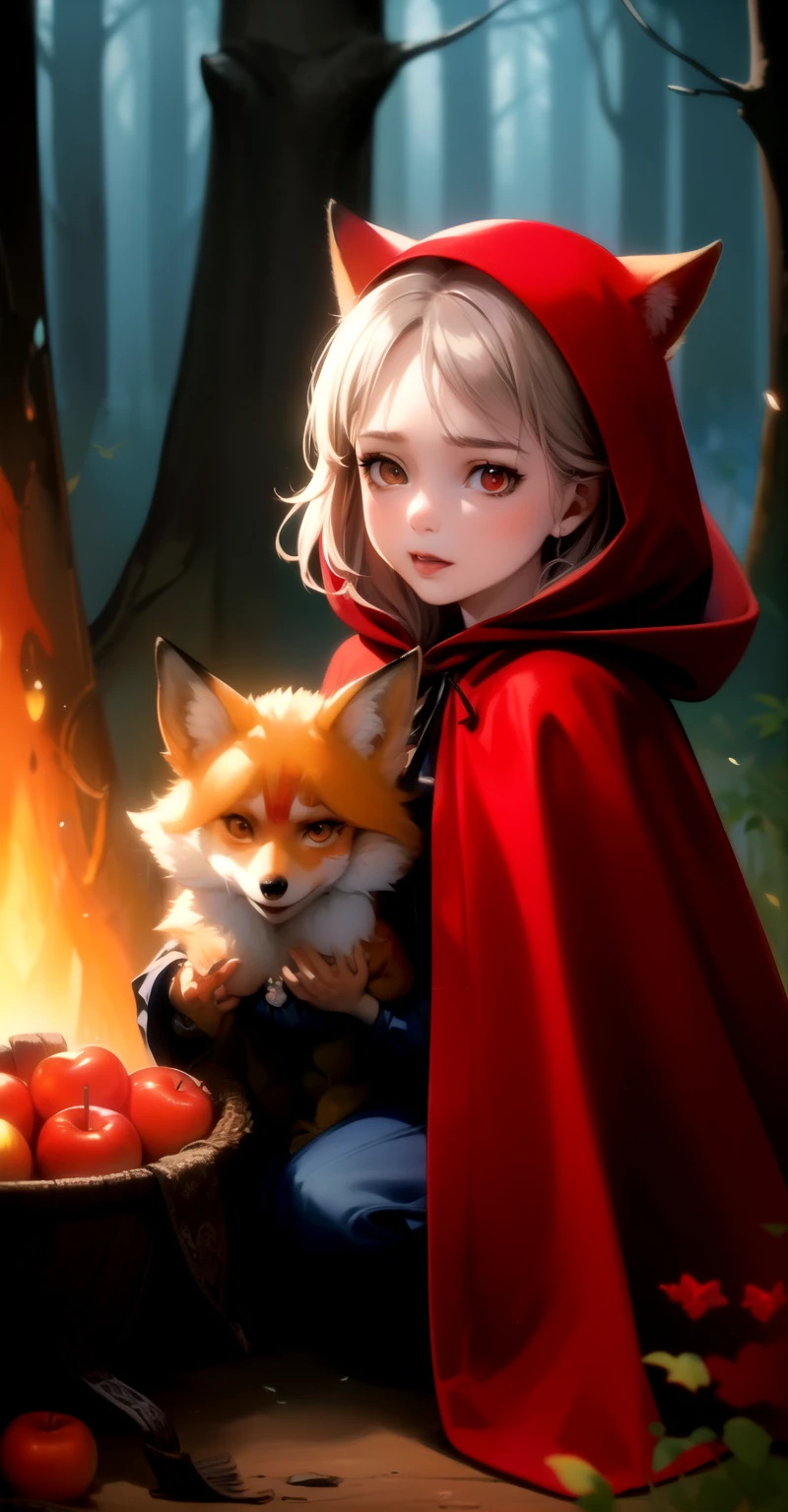 arafed image of a  with a fox and a basket of apples, graphic artist magali villeneuve, magali villeneuve', little red riding hood, inspired by Magali Villeneuve, red riding hood, thief red riding hood, by Magali Villeneuve, dressed in a beautiful red cloak, adorable digital painting, fairytale artwork