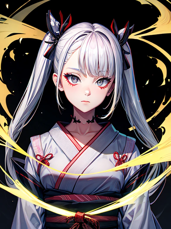 cigarette,Kissel,Gray Hair,10th Generation,neutral,kimono,Black background,An illustration,Fantasy,1 person,Twin tails