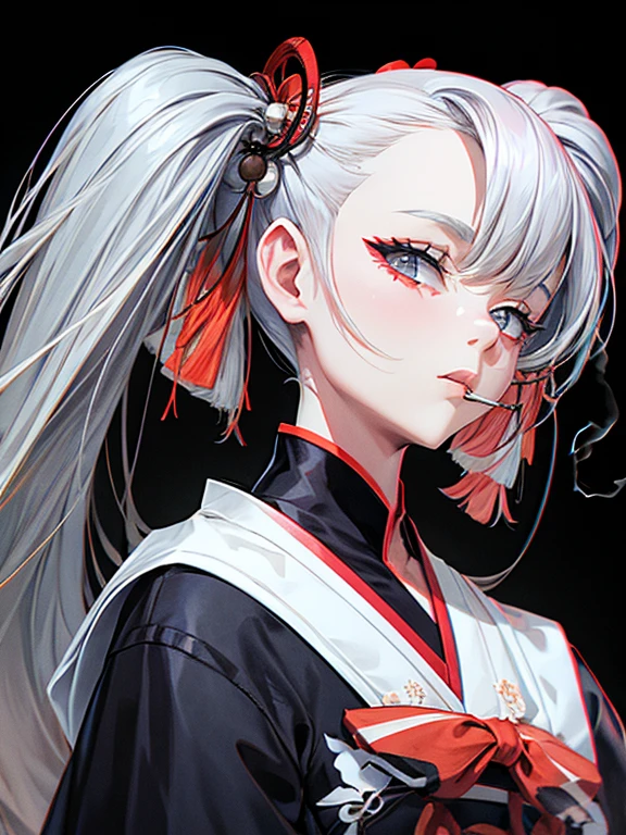 cigarette,Kissel,Gray Hair,10th Generation,neutral,kimono,Black background,An illustration,Fantasy,1 person,Twin tails