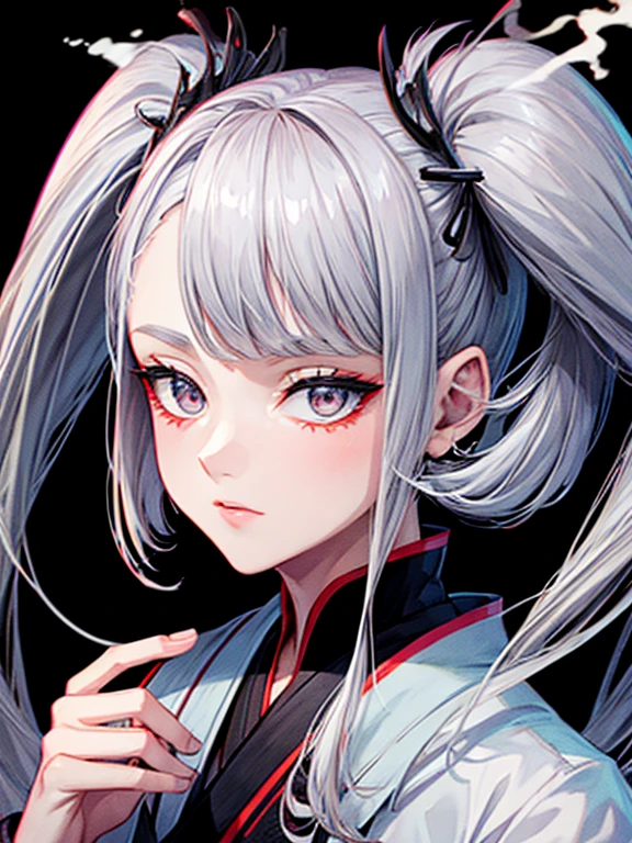 cigarette,Kissel,Gray Hair,10th Generation,neutral,kimono,Black background,An illustration,Fantasy,1 person,Twin tails