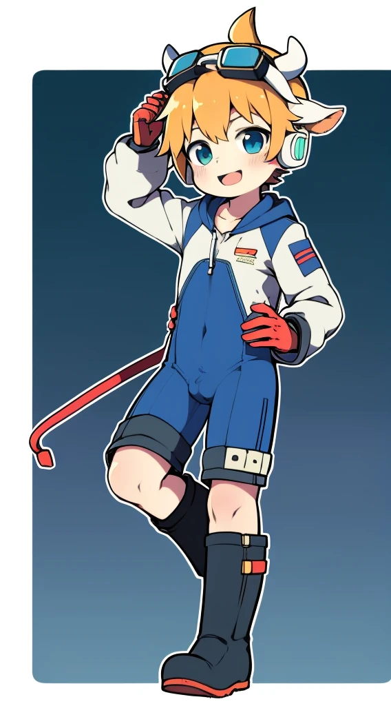 2D boy Shota，One-piece mountaineering suit，Put the headphones on your head，Standing，Goggles，Horns，cow ears，sports shoes，White stockings，happy，boots