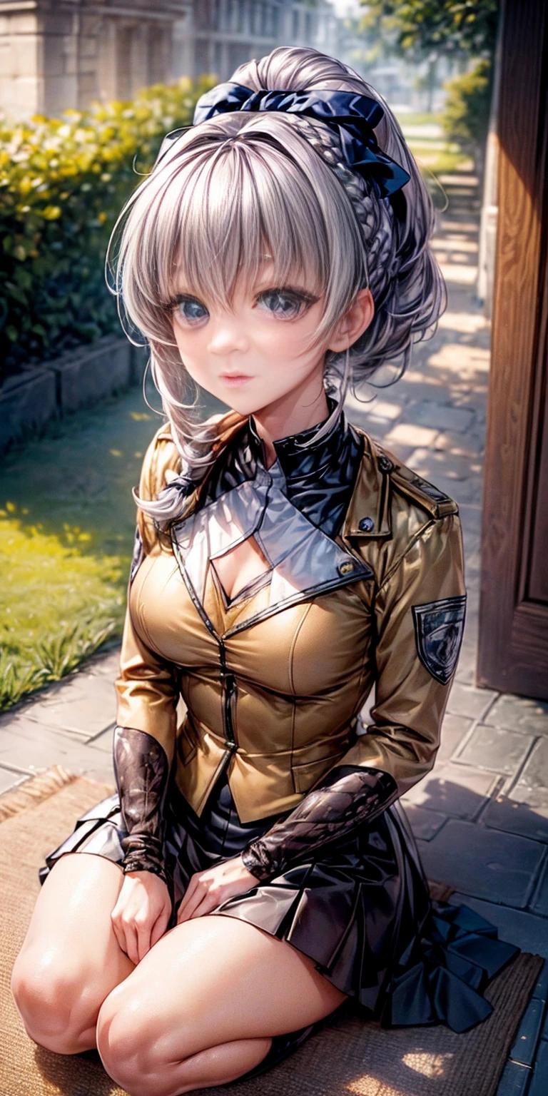 (masterpiece),(best quality),(ultra-detailed), (full body:1.2), cute, cubby, ponytail, full body, chibi,pvc, best quality, 1girl, solo, dark armored dress, dark sword,dark gauntlets, (sitting on carpet), (in garden), hair between eyes, black dress, breastplate, black armor, bangs, french braid, parted lips, puffy sleeves, long sleeves, short hair,( (beautiful detailed face), (beautiful detailed eyes) (Teletha Testarossa Full Metal Panic)