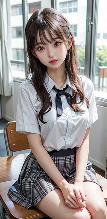 erotic high school girl、Bare chest、big breastature、White blouse、Checkered short skirt、sitting on the desk in the classroom、
