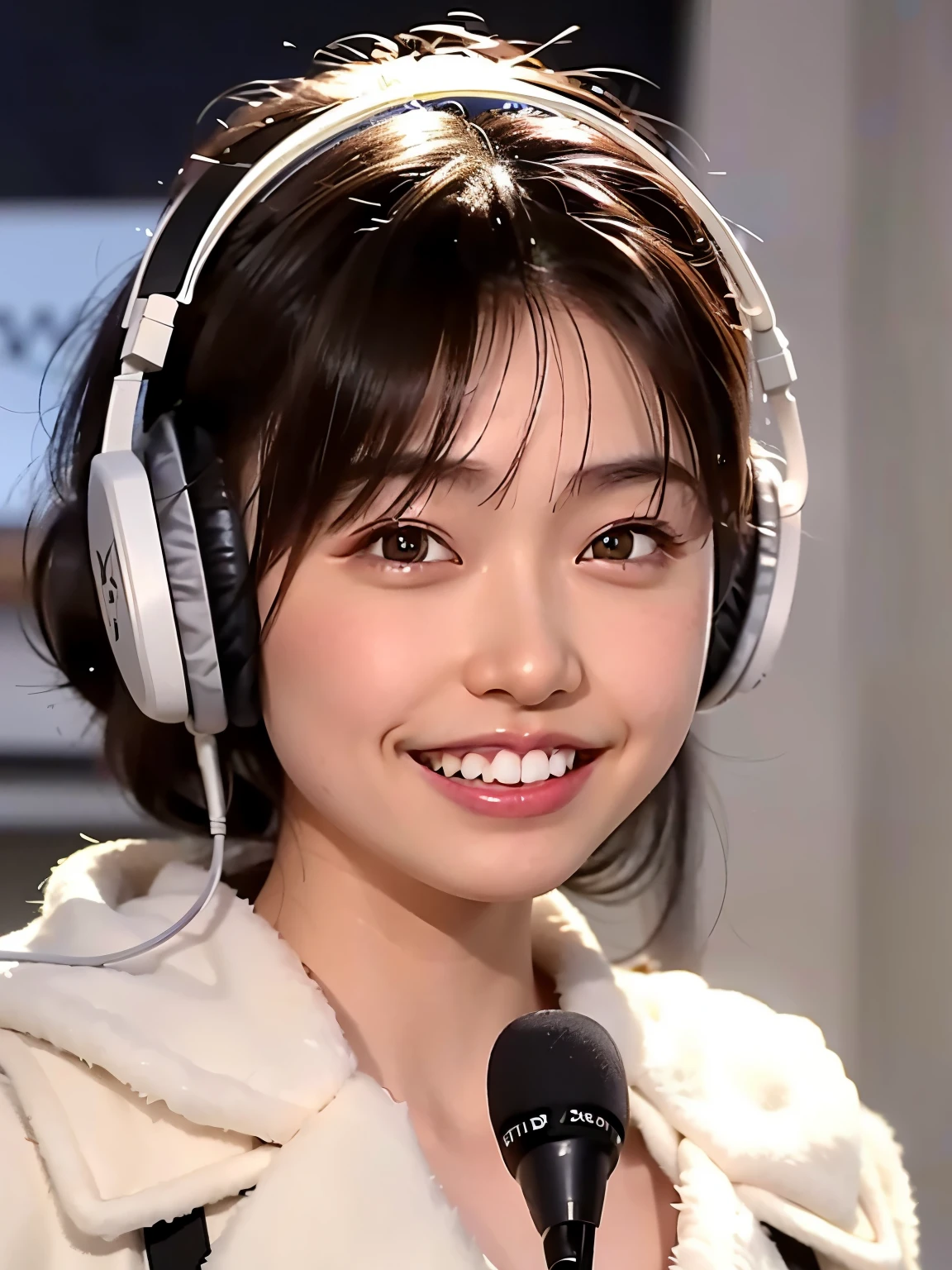 (Ogawa Noriko):1.2, ((headphone)), Highly detailed face, highest quality, smile, teeth, Photorealistic, Looking at the audience, alone, Radio broadcasting、studio、indoor、microphone