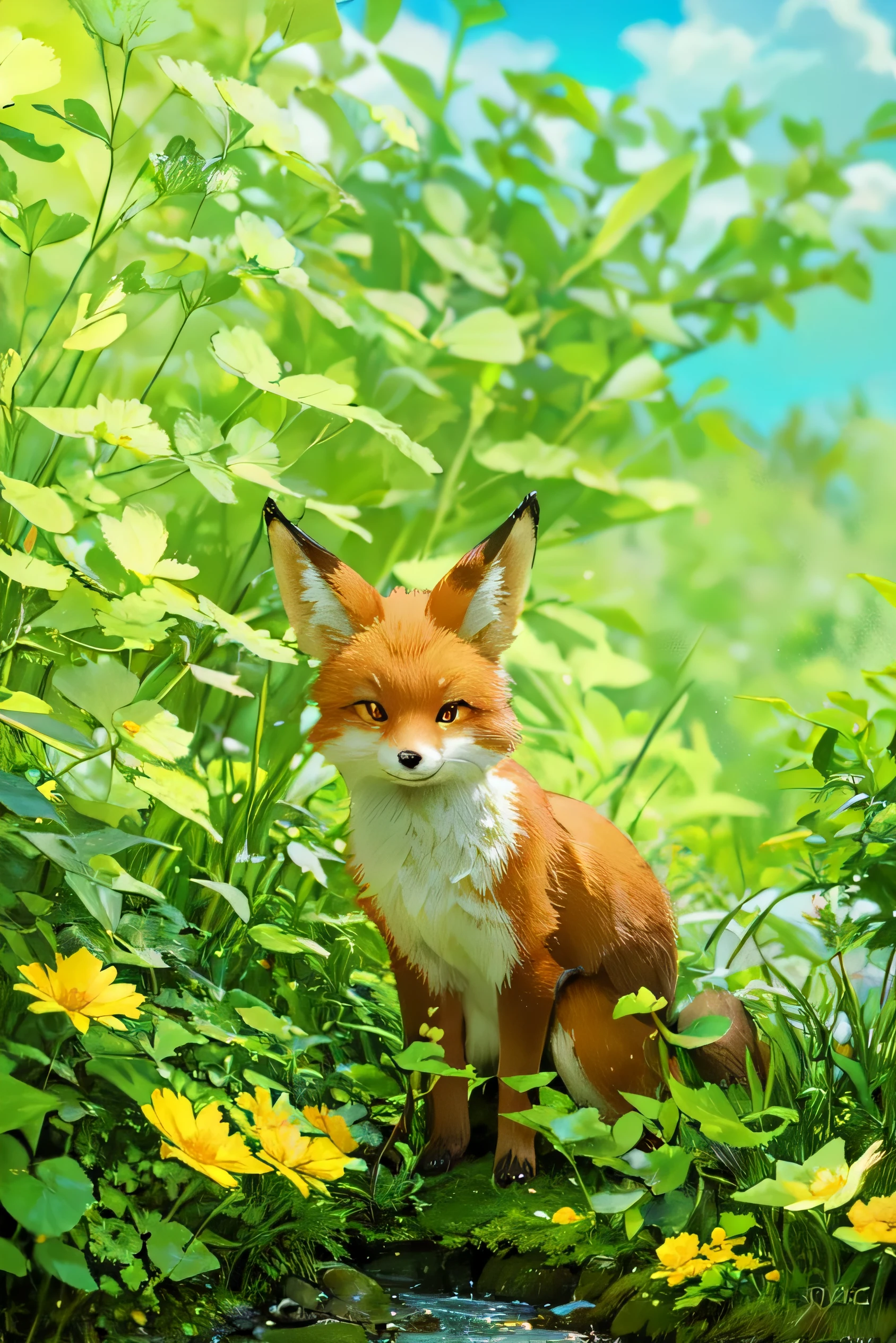 there is a fox that is sitting in the grass with flowers, miniature fox, cute fox, fox animal, red fox, female fox, cute animal, ethereal fox, !!natural beauty!!, foxes, foxy, whimsical fox, sly smile, playing with foxes, watermarked, wildlife photo, tonic the fox, by Sebastian Vrancx, cute forest creature