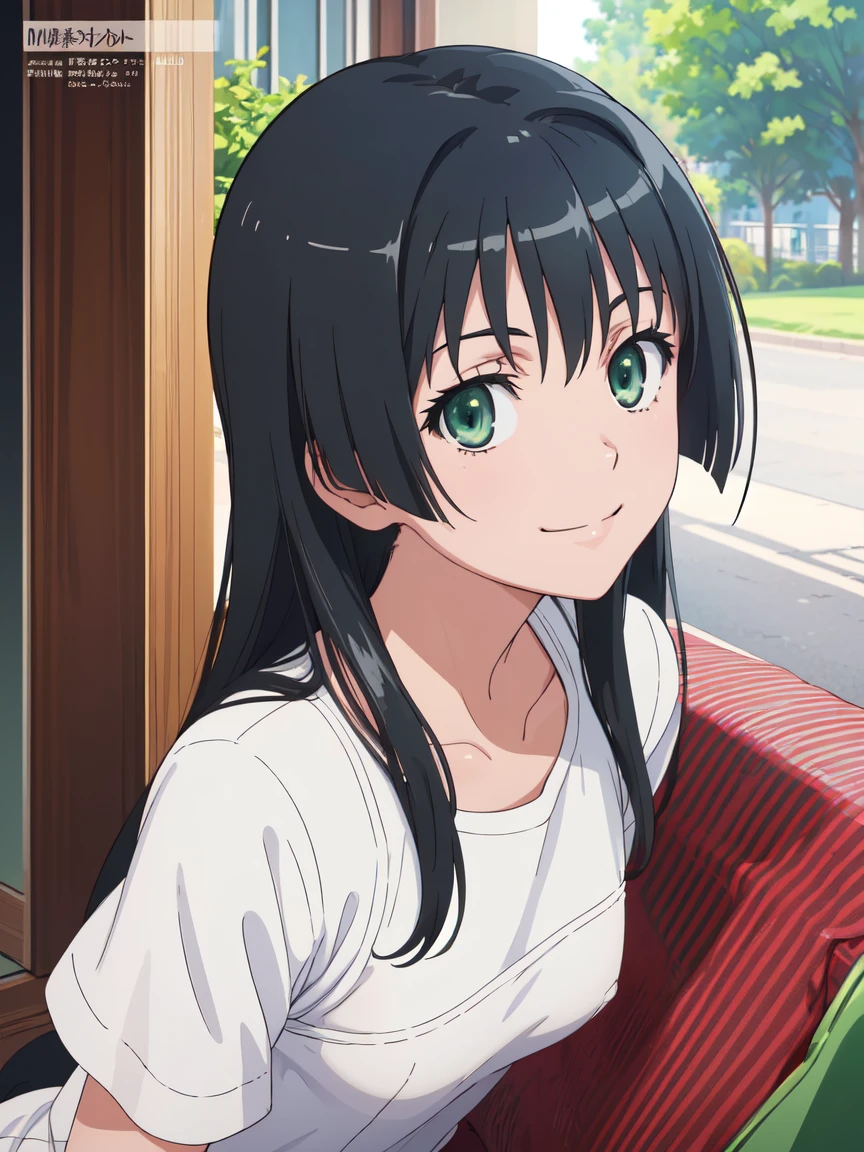 dvd cover, (High resolution:1.4), (masutepiece:1.2), (High quality:1.3) 1girl, saten ruiko, green eyes, long hair, black hair, small breast, smile