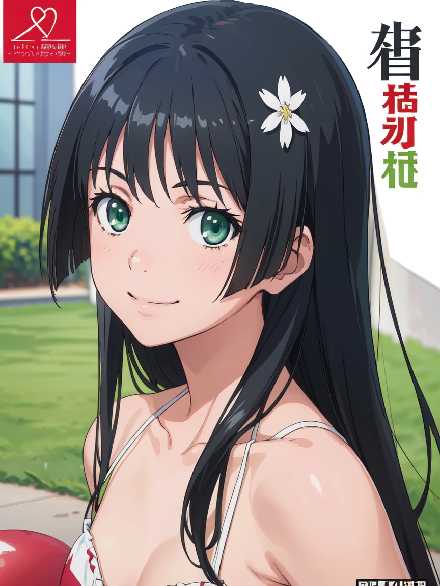 dvd cover, (High resolution:1.4), (masutepiece:1.2), (High quality:1.3) 1girl, saten ruiko, green eyes, long hair, black hair, small breast, smile