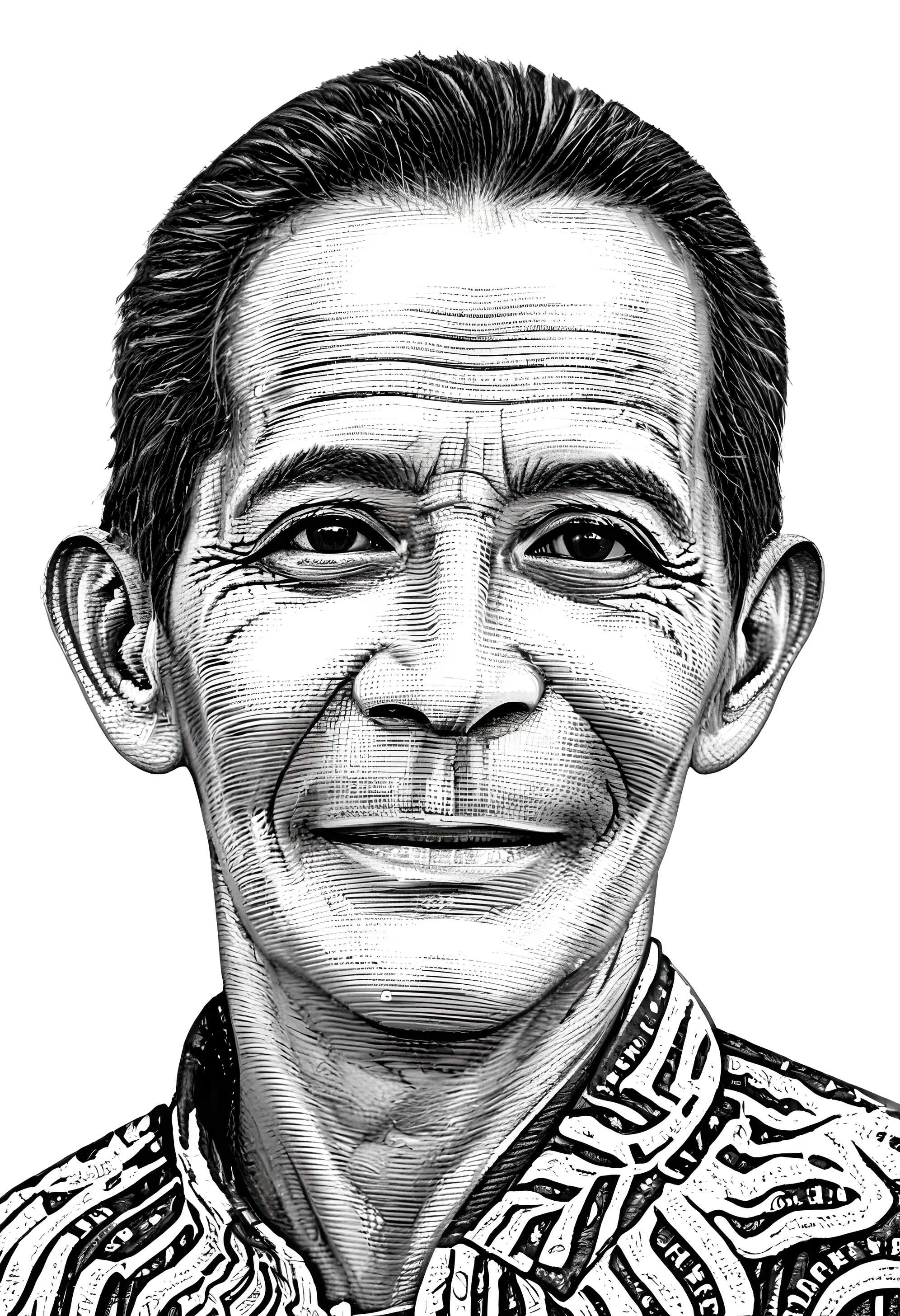 centered, uncropped,colouring book, Indonesia man 55 years, black eyes,close up portrait, Silhouette drawing of a smile man from the front, centered,intricate details,high resolution,4k, illustration style,Leonardo Style,OverallDetail, fantasy novel illustration sketch, DaVinci,Coloring Book,ColoringBookAF,ebesku