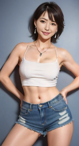 highest quality, (thank you. clerk: 1), ((Portraiture: 1.3)), Black short hair,(Show me your armpits),(Excessive sweating from the armpits), smile, (((camisole))), (((denim shorts))),(high heels),(((Underboob))),Long legs,Abdominal muscles, Skin Hyper Detail, clean pores , Tilt one side'head,Beautiful young Japanese woman over 40 years old, Perfect Face, , (open stance), (Detailed facial features), Clean and functional, ( Small breasts: 1.5), Hotel,Suite Room,(necklace: 1.3), (Earrings: 1.3) ,(Focus on the groin)