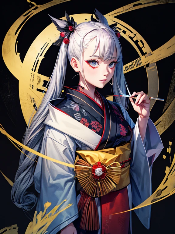 cigarette,Kissel,Gray Hair,10th Generation,neutral,kimono,Black background,An illustration,Fantasy,1 person,Twin tails