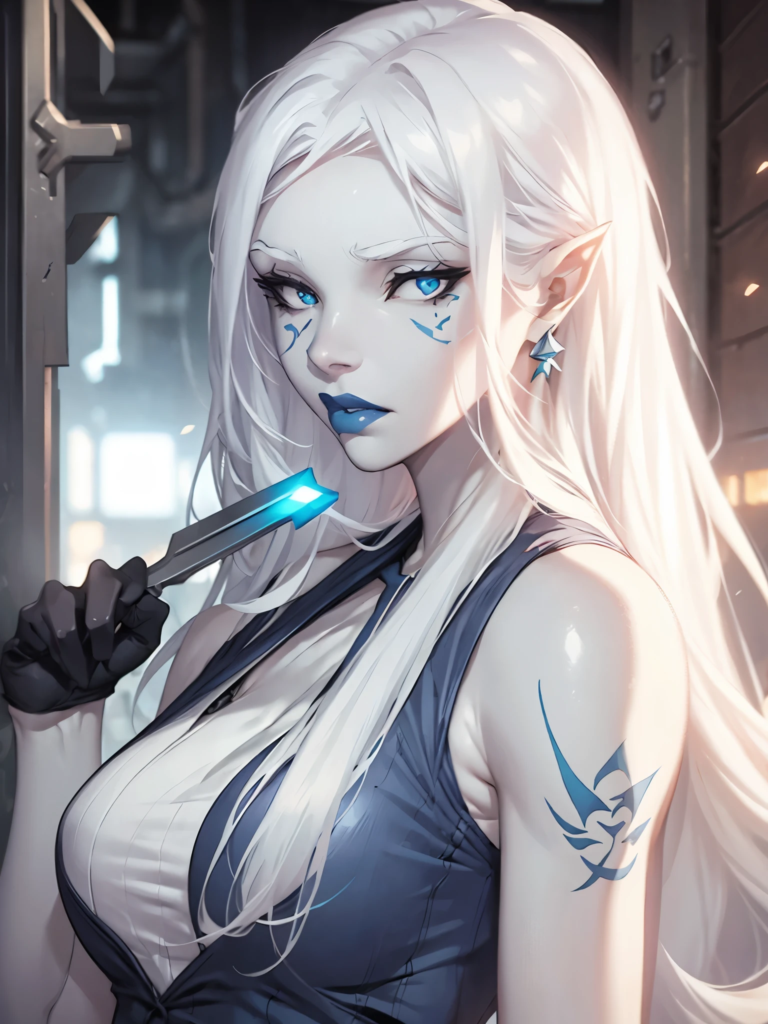 jarael, pale white skin, long white hair, ((blue lips)), medium breasts, cheek tattoos, cute, beautiful eyes, white tanktop, holding a wrench