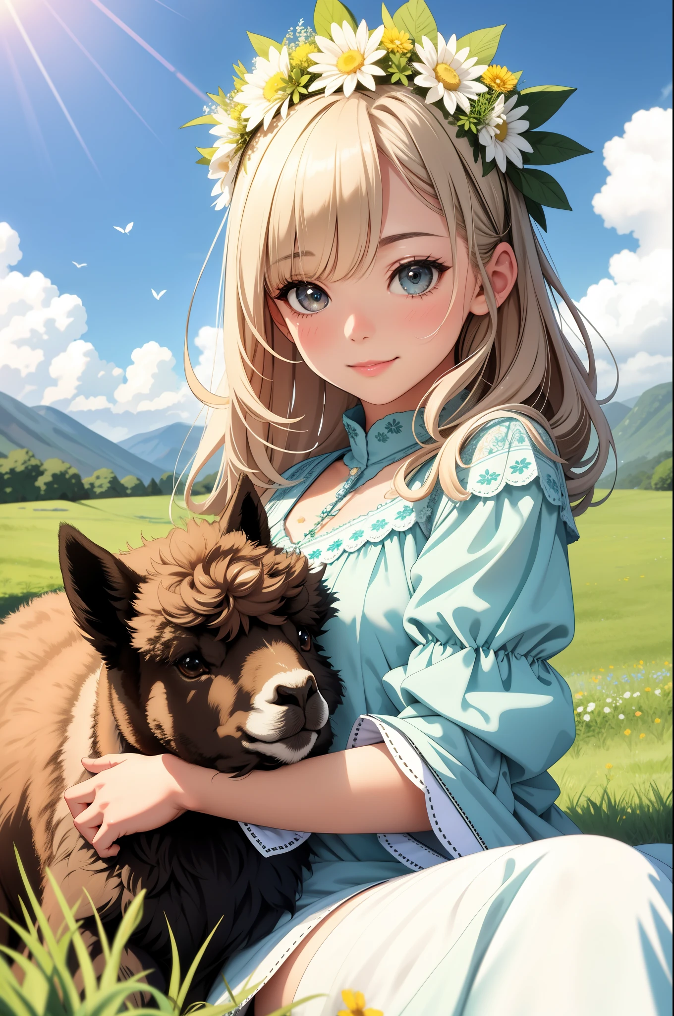 (best quality,highres,masterpiece),ultra-detailed,(realistic,photorealistic,photo-realistic), cute girl hugging a cute Alpaca, Alpaca, cutie, adorable, fluffy,soft and cuddly,furry,gentle eyes,innocent expression,fur texture details,dainty pink nose,curly wool,small hooves,majestic presence,sweet smile,peaceful meadow,rolling green hills,lush grass,wildflowers in bloom,blue sky with fluffy clouds,bright sunlight,harmonious color palette,pastel tones,natural lighting,adorning flower crown,gentle breeze,tranquil atmosphere,majestic mountains in the distance,playful interaction with butterflies and birds,calm demeanor,relaxing and joyful scene,delightful portrait,perfectly capturing the Alpaca's charm and cuteness.