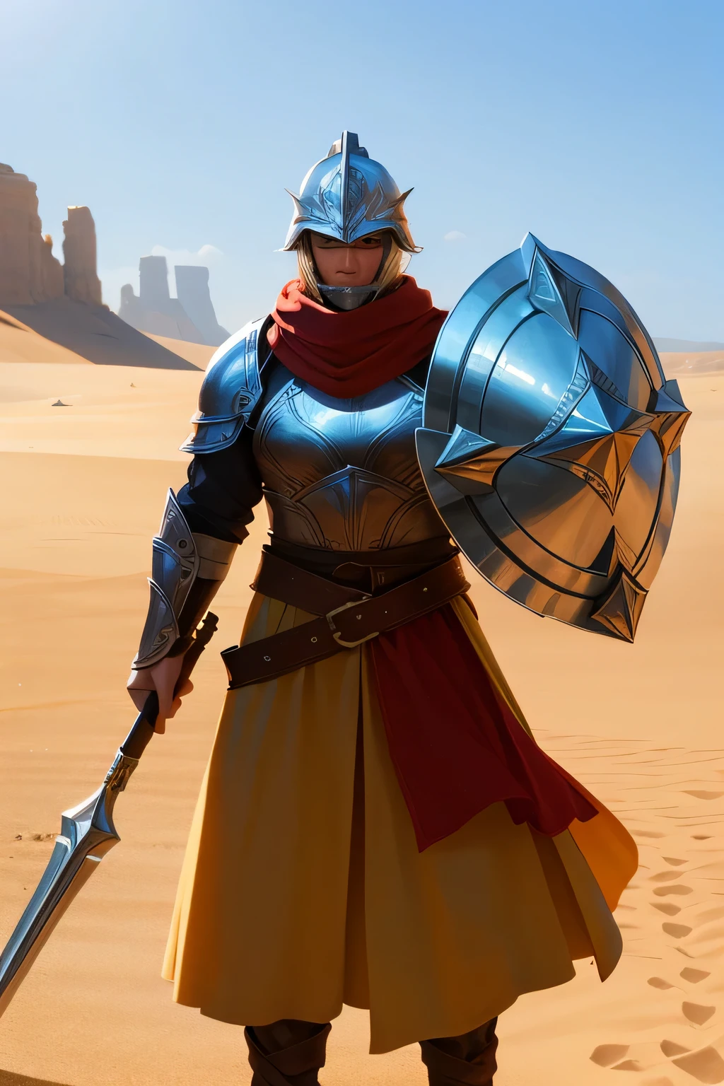 Strong man,Take a shield,is dressed in armor,wearing her helmet,in a desert,The flag,Big wind,cavalos