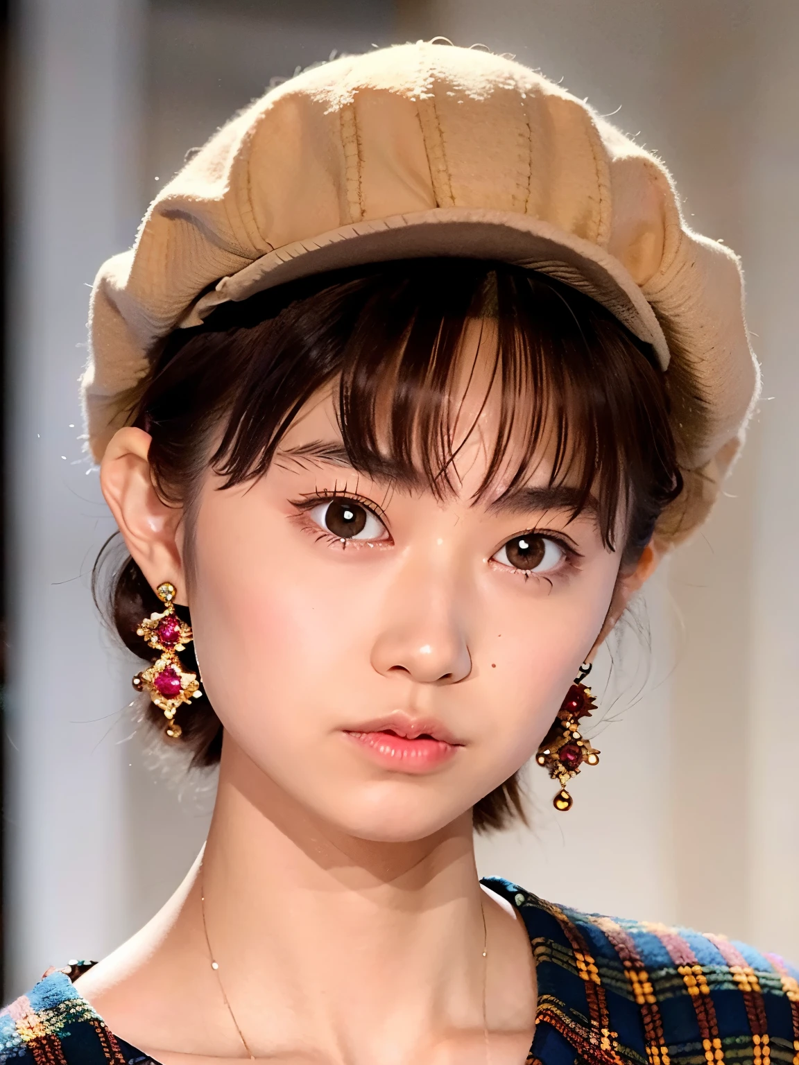 (Ogawa Noriko)、1girl, solo, looking at viewer, short hair, brown hair, hat, bow, brown eyes, jewelry, upper body, earrings, lips, plaid, realistic