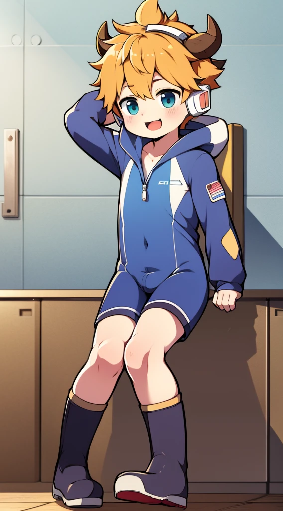 2D boy Shota,One-piece mountaineering suit,Put the headphones on your head,Standing,Goggles,Horns,cow ears,sports shoes,White stockings,happy,boots