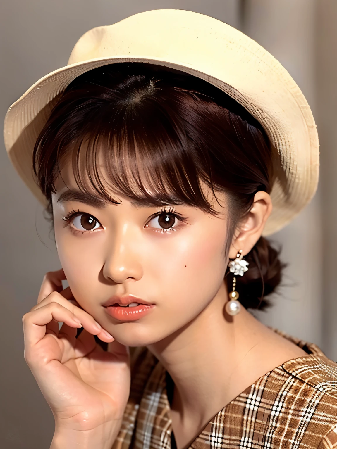 (Ogawa Noriko)、1girl, solo, looking at viewer, short hair, brown hair, hat, bow, brown eyes, jewelry, upper body, earrings, lips, plaid, realistic