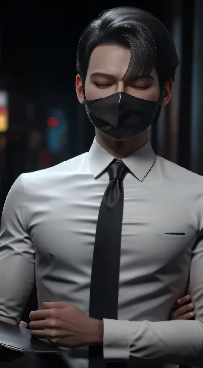 3D avatar of a man wearing a black and white shirt covering his eyes, Cover your face,Men， Cover your face with your hands, hair covering eyes, frustrated face, mask, The face is covered,, With eyes closed,Silent Posture