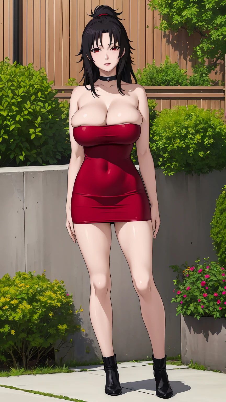 masterpiece, ultra high-quality, extremely detail 8k cg, high resolution, 1girl, kurenai yuhi, black hair, red eyes, thin body, huge breasts, bursting breasts, strapless shorttubedress, choker, beautiful face, outdoors, garden, full shot photo, full body