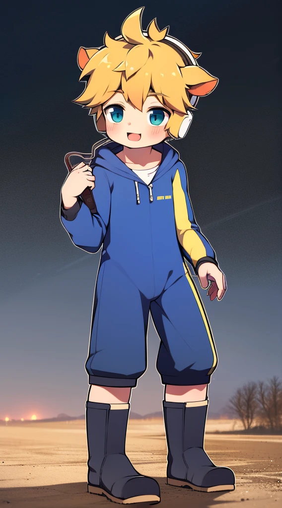 2D boy Shota，One-piece mountaineering suit，Put the headphones on your head，Standing，Goggles，Horns，cow ears，sports shoes，White stockings，happy，boots