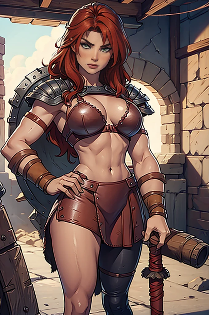 Female barbarian, red hair, leather skirt ((armor:1.2))