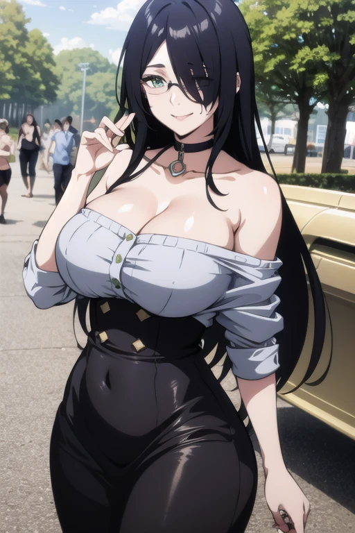 young women,large breast,beautiful face,long hair, shiny hair, green eyes,high detailed,black hair, hair over one eye,masterpiece,perfect anatomy,sexy smile,off shoulder Blue Jacket, Grey Shirt, collarbone, deep cleavage, Black choker, jewelry,gem,black skirt,elegant glasses,date event,park,walking,