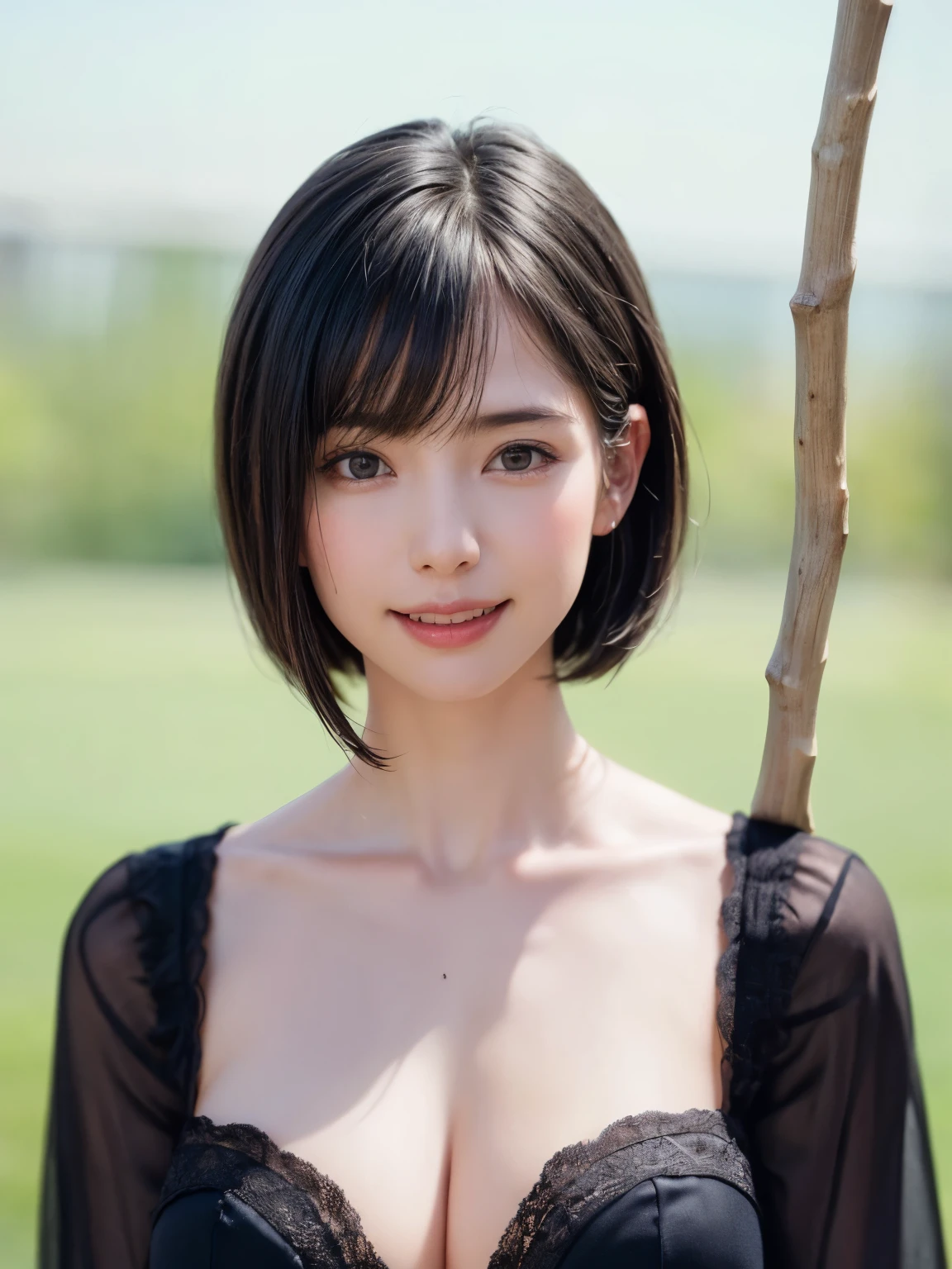 (Tabletop, highest quality、Ultra-high resolution、Face Focus Focus、Focus on the side、Focus on the navel、Focus on the décolleté、Very attractive beauty、Add vibrant highlights to your eyes、Look closely at the camera:1.4、Really beautiful bangs:1.4、Short brunette bob hair（With bangs）:1.4),1 girl, Report, Black-haired, Realistic, Looking at the audience, Pale black eyes, short hair, lips, Lip gloss, Upper Body、Big eyes、eyelash)、((italian nature background、Hyper Realistic Stick:1.4))、((short hair with bangs:1.4、Beautiful 46-point bangs:1.4、{Huge|big|Hugeな|Mega} chest:2, chestの谷間:2、Big eyes、Give students a very strong highlight、very bigger chest、Looking at the audience、Very beautiful beauty、show me your ears、Beautiful long neck、Beautiful décolletage、smile、A smilee　Beautiful Teeth、Open your mouth and smilee))、28 years old、Very cute supermodel、Perfect Anatomy