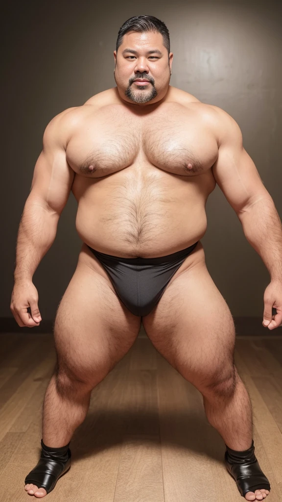 black hair, middle-aged man, individual, male, Muscular wrestler, muscular, Stout wrestler, Asian, Japanese, uncle, 55 year old middle-aged man, short hair, short hair, yellow wrestling boots, full body portrait, shadow, Vision, yellow briefs, obesity, 45 years old, short beard, middle-aged man, tattoo, fingerless gloves, Wheat skin, shiny skin, dark skin, Show your pectoral muscles, sumo wrestler, bodybuilder, wide temples, Visible abdominal muscles, Smile, Fine hands, solid color background, pure white background, Surrealism, Panorama, 8k, super detail,