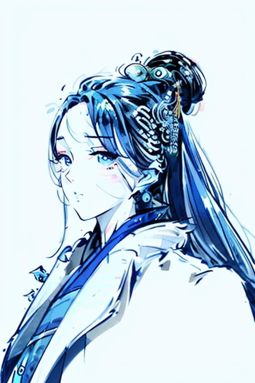 Ink and wash single line figure,New Gongbi,Clean lines流畅,Blue and white porcelain,Peking Opera,,Face and shoulders,Close-up of the front face of the head,Wearing Huadan opera costume,Wearing a Huadan headdress,Clean lines,The picture is fresh and elegant,Simplicity