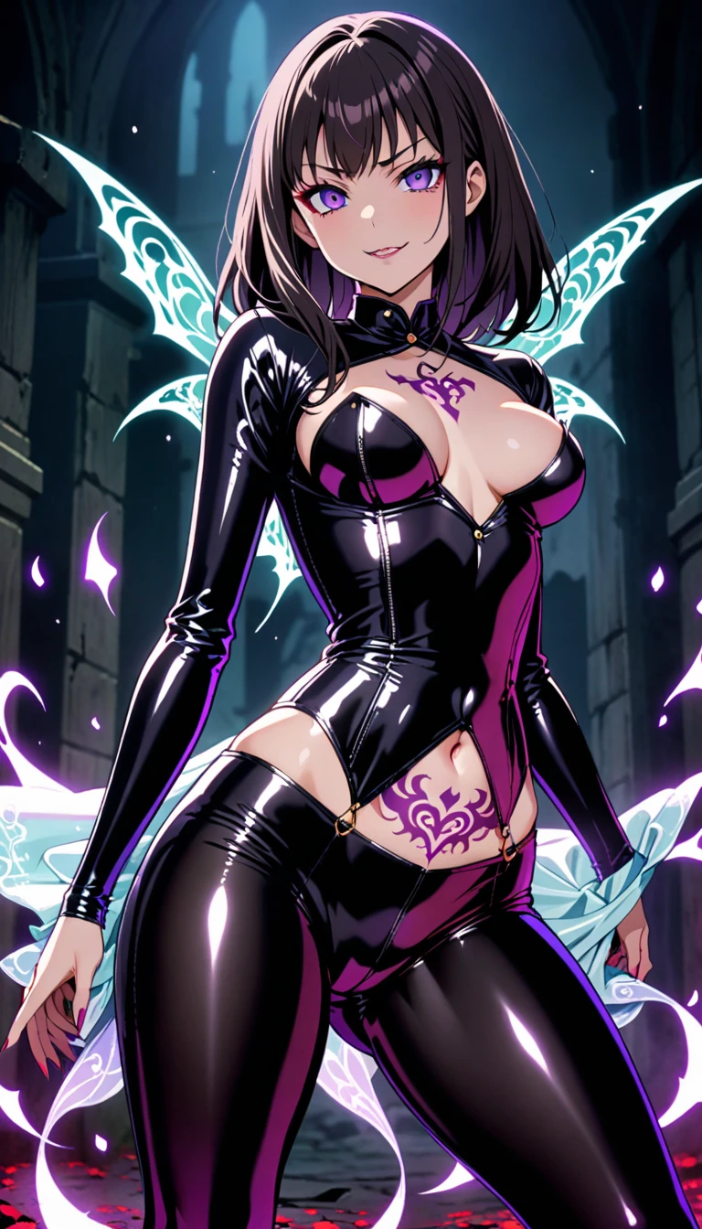 Inoue Takina，Latex tights，Enchantment，Evil Smile，Black short hair，Purple Eye，Medium chest，Red eyeliner，Beautiful curves，crotch tattoo