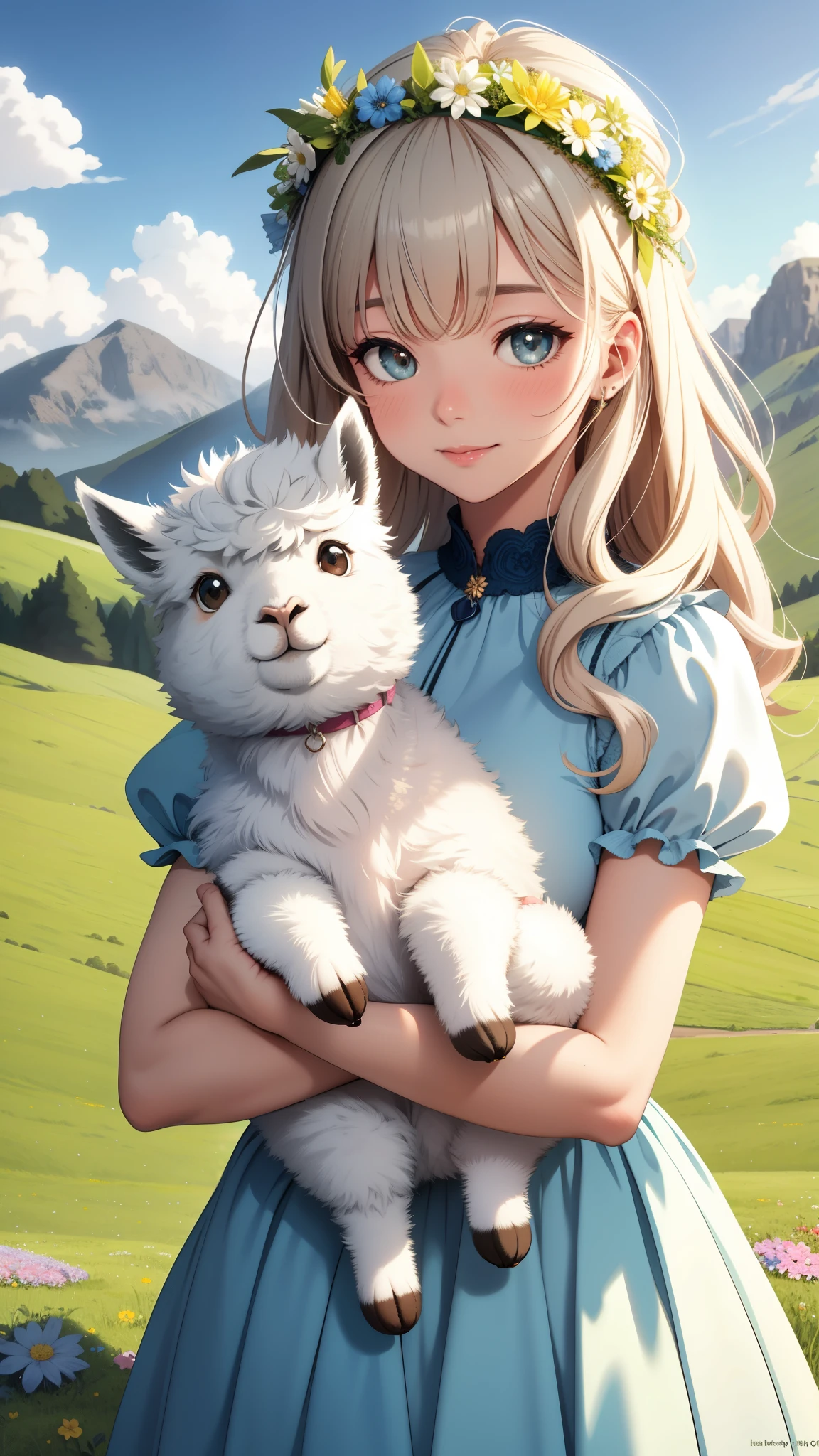 (best quality,highres,masterpiece),ultra-detailed,(realistic,photorealistic,photo-realistic), cute girl hugging a cute Alpaca, Alpaca, cutie, adorable, fluffy,soft and cuddly,furry,gentle eyes,innocent expression,fur texture details,dainty pink nose,curly wool,small hooves,majestic presence,sweet smile,peaceful meadow,rolling green hills,lush grass,wildflowers in bloom,blue sky with fluffy clouds,bright sunlight,harmonious color palette,pastel tones,natural lighting,adorning flower crown,gentle breeze,tranquil atmosphere,majestic mountains in the distance,playful interaction with butterflies and birds,calm demeanor,relaxing and joyful scene,delightful portrait,perfectly capturing the Alpaca's charm and cuteness.