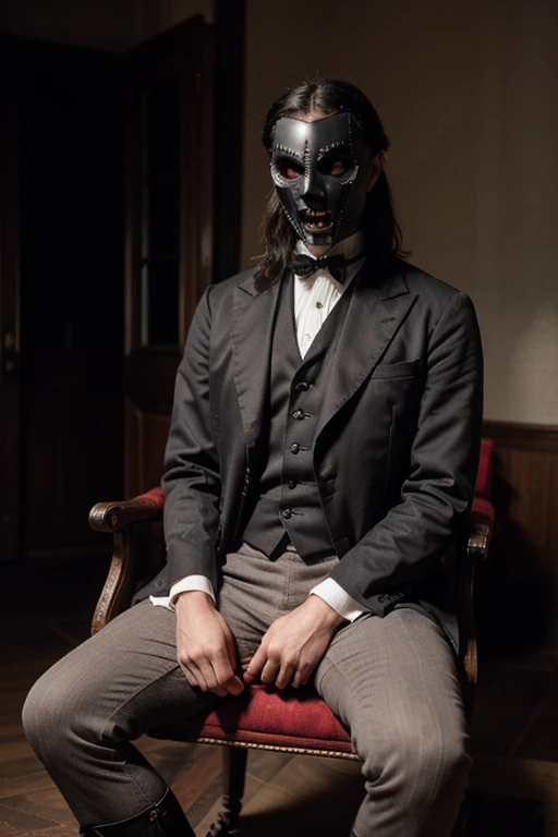 Victorian era man, wearing a gothic mask that covers his entire face while sitting on a throne 