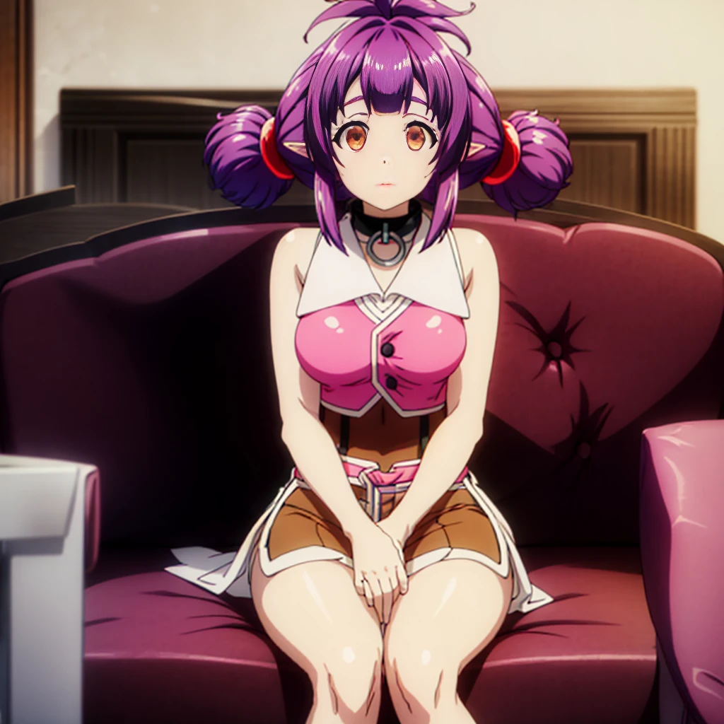 sitting at attention, sitting on couch, pink shirt, black tie, brown vest, sleeveless, purple hair, red eye, hair_ornament, twintails, hair_tie, 1 girl, 20yo, Young female, Beautiful,Beautiful long legs, Beautiful body, Beautiful Nose, Beautiful character design, perfect eyes, perfect face, expressive eyes, looking at viewer, (full_body),(Focus on her face), official art, extremely detailed CG unity 8k wallpaper, perfect lighting, Colorful, Bright_Front_face_Lighting,shiny skin, (masterpiece:1.0),(best_quality:1.0), ultra high res,4K,ultra-detailed, photography, 8K, HDR, highres, absurdres:1.2, Kodak portra 400, film grain, blurry background, bokeh:1.2, lens flare, (vibrant_color:1.2) (Beautiful,Large_Breasts:1.4), (beautiful_face:1.5),(narrow_waist)
