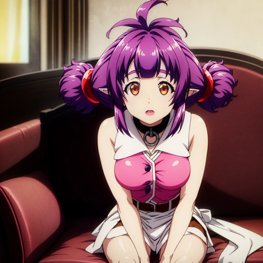 sitting at attention, sitting on couch, pink shirt, black tie, brown vest, sleeveless, purple hair, red eye, hair_ornament, twintails, hair_tie, 1 girl, 20yo, Young female, Beautiful,Beautiful long legs, Beautiful body, Beautiful Nose, Beautiful character design, perfect eyes, perfect face, expressive eyes, looking at viewer, (full_body),(Focus on her face), official art, extremely detailed CG unity 8k wallpaper, perfect lighting, Colorful, Bright_Front_face_Lighting,shiny skin, (masterpiece:1.0),(best_quality:1.0), ultra high res,4K,ultra-detailed, photography, 8K, HDR, highres, absurdres:1.2, Kodak portra 400, film grain, blurry background, bokeh:1.2, lens flare, (vibrant_color:1.2) (Beautiful,Large_Breasts:1.4), (beautiful_face:1.5),(narrow_waist)