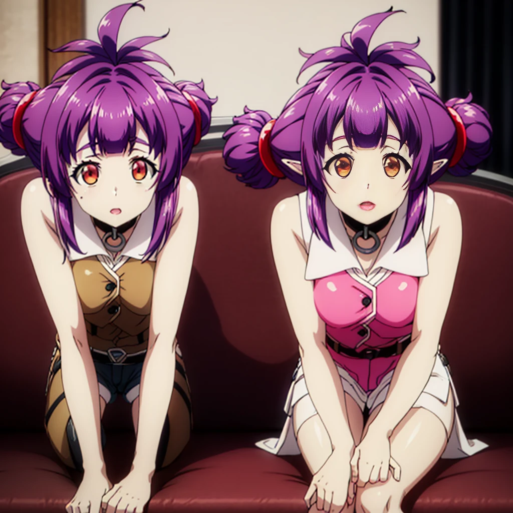 sitting at attention, sitting on couch, pink shirt, black tie, brown vest, sleeveless, purple hair, red eye, hair_ornament, twintails, hair_tie, 1 girl, 20yo, Young female, Beautiful,Beautiful long legs, Beautiful body, Beautiful Nose, Beautiful character design, perfect eyes, perfect face, expressive eyes, looking at viewer, (full_body),(Focus on her face), official art, extremely detailed CG unity 8k wallpaper, perfect lighting, Colorful, Bright_Front_face_Lighting,shiny skin, (masterpiece:1.0),(best_quality:1.0), ultra high res,4K,ultra-detailed, photography, 8K, HDR, highres, absurdres:1.2, Kodak portra 400, film grain, blurry background, bokeh:1.2, lens flare, (vibrant_color:1.2) (Beautiful,Large_Breasts:1.4), (beautiful_face:1.5),(narrow_waist)
