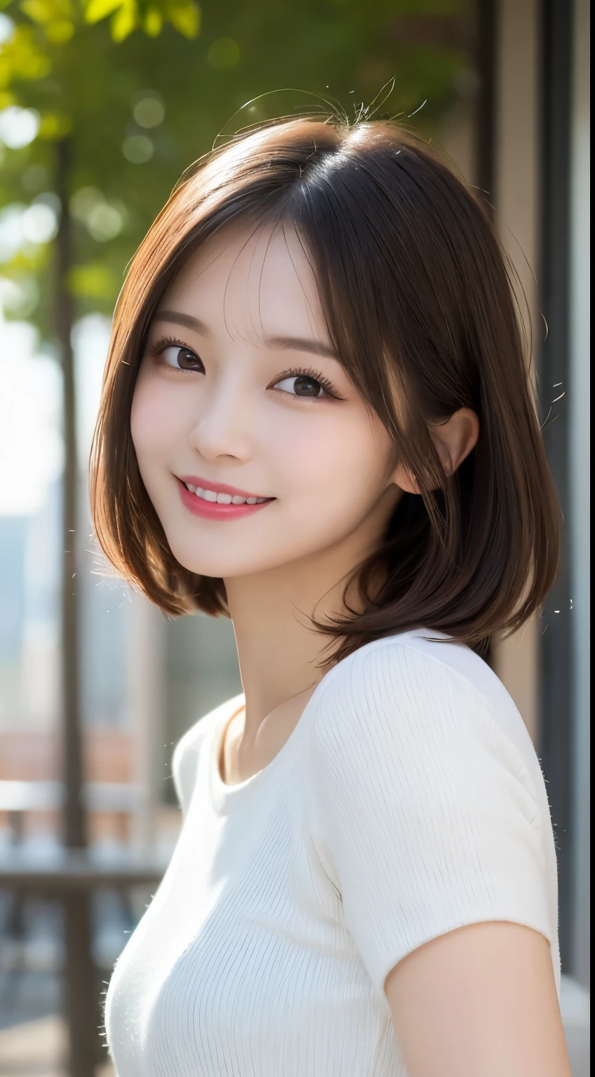 whole body, highest quality, figure, Very detailed, In detail, High resolution, 8k wallpaper, Perfect dynamic composition, Beautiful fine details, Spring Fashion,Shortcutsヘア, Natural color lip, Random sexy poses,smile,Tower apartment,Background Blur,Shortcuts,cute,Young,smile,